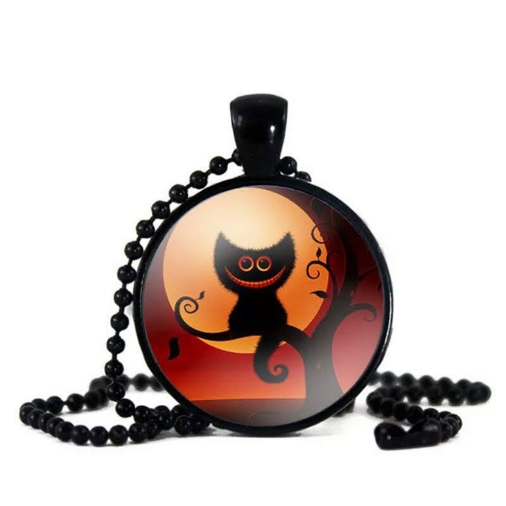 Cheshire Black Cat in Tree Full Moon Halloween Necklace New